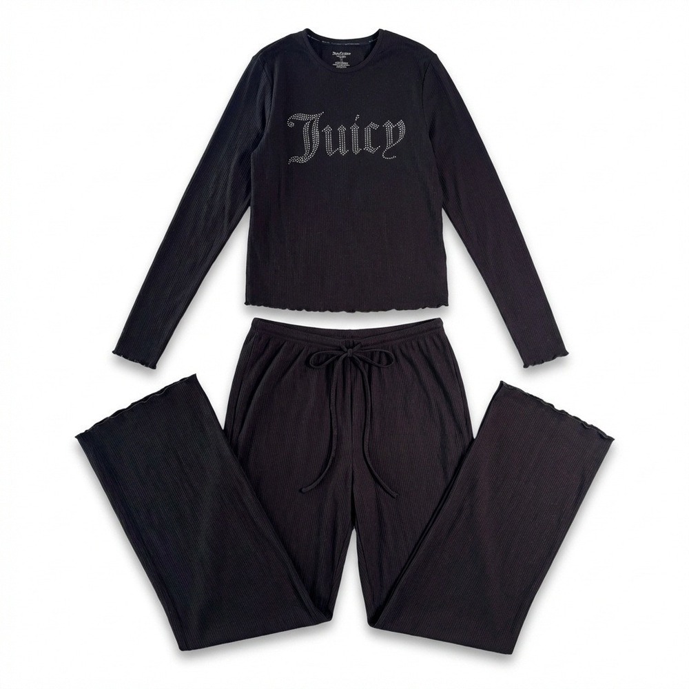 Juicy Couture XL Lounge Set Black Ribbed Rhinestone Logo Pajamas Y2K McBling 2pc - Picture 1 of 7